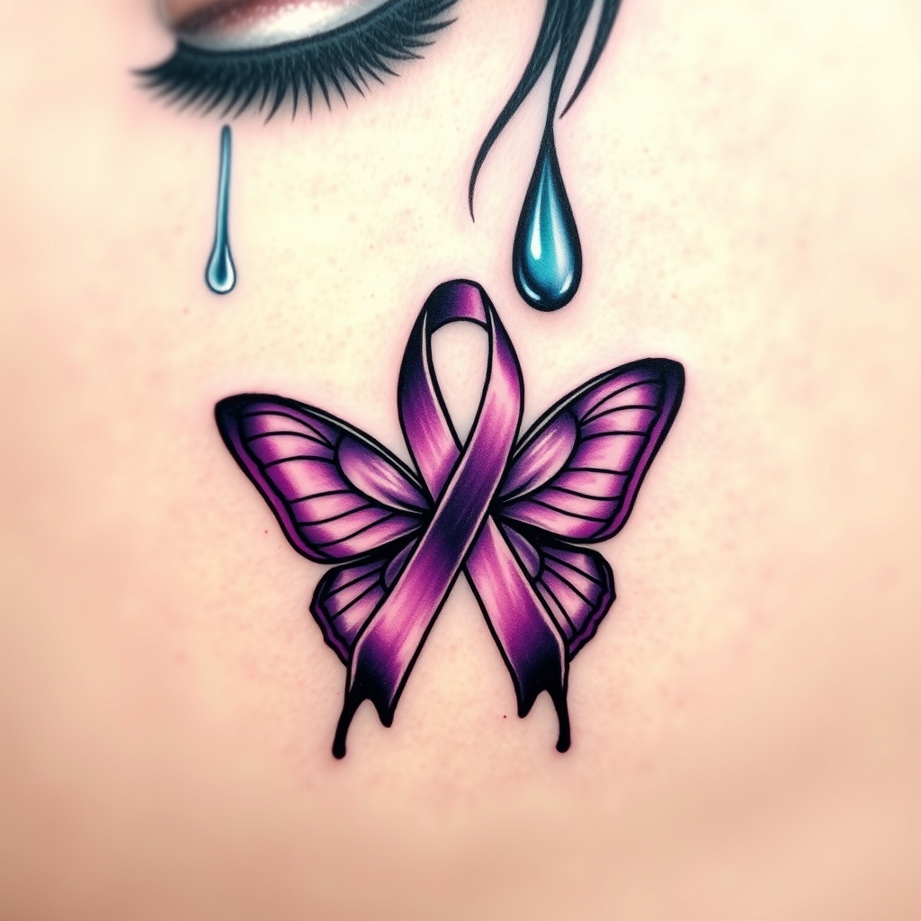 A tattoo design of A tear running down a woman's face with a domestic violence ribbon and a purple butterfly entwined together in the style of abstract. - domestic violence awareness tattoo design generated by AI tattoo generator