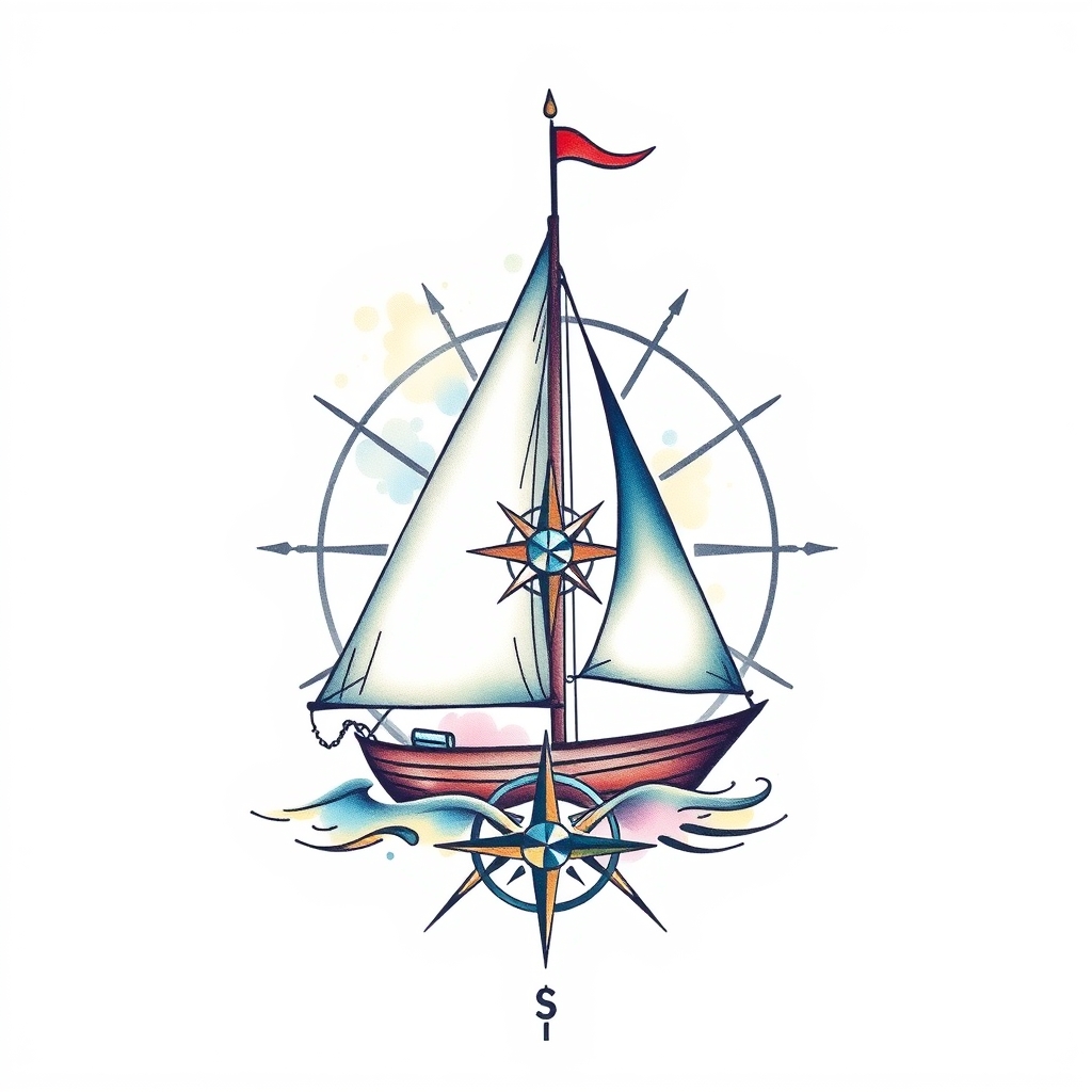 A tattoo design of sailboat with compass rose in the style of watercolor. - nautical symbol tattoo design generated by AI tattoo generator