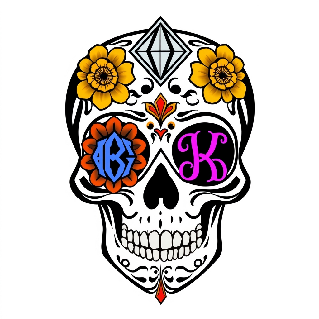 A tattoo design of I don’t have the ability to generate a polished visual mockup directly here—but I can provide you with a fully fleshed-out design description that’s ready to hand over to a tattoo artist, or to use when ordering a custom piece from an artist or service like PictureTattoos.com. --- 🖼️ Final Design Draft: “Four Lights Within” Sugar Skull Overall Layout A front-facing sugar skull with symmetrical floral and swirl motifs. Bold black outlines define structure; white shading adds depth and classic Día de los Muertos flair. Eyes & Monogram Integration Left Eye: A marigold-styled flower socket in glow-yellow outlines. Inside: Nathanial’s geometric monogram, filled with vibrant orange, interwoven with Brayden’s turquoise monogram. Right Eye: Matching flower socket. Inside: Everleigh’s lilac monogram interlaced with Jakob’s magenta monogram, each highlighted softly to shift from the black outline. Crown Emblem At the top of the skull, a diamond-shaped, four-petal “crown.” Each petal matches one child’s color and contains a simplified version of their monogram. Petals connected by a slender gold outline that forms the emblem’s shape. Cheek & Jaw Accents Soft pastel scrollwork in turquoise, lilac, orange, and magenta echo the eye colors. Dot-work shading blends the scrolls into the skull’s jawline. Highlighting & Finishing Touches Tiny white ink dots sprinkled across petals and scrolls to create a luminous, living shine. Subtle watercolor-style background wash behind the skull in all four colors, adding softness and pull. in the style of realistic. - sugar skull tattoo design generated by AI tattoo generator
