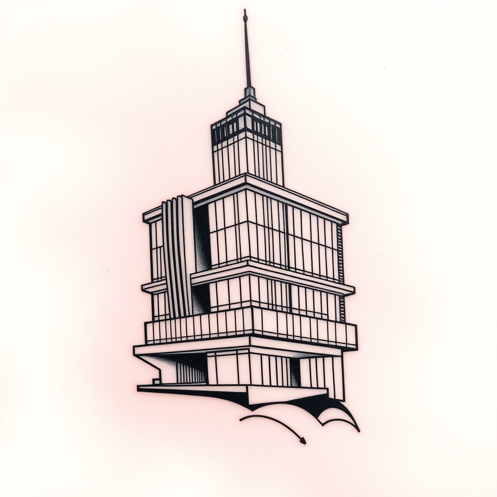 A tattoo design of Architectural rendering in the style of Syd Mead in the style of minimalist. - architecture design tattoo design generated by AI tattoo generator