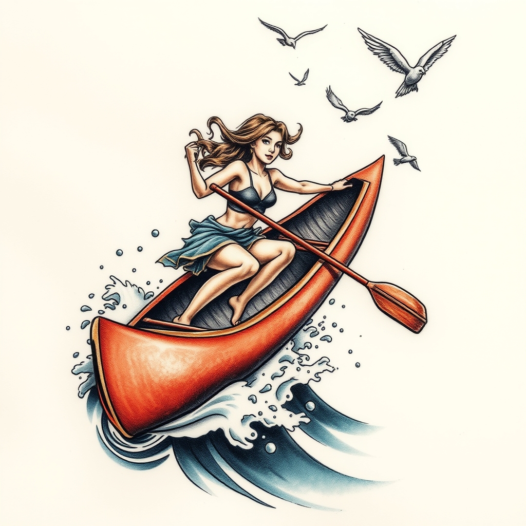 A tattoo design of A strong woman diving off a canoe into water wuth birds flying above in the style of realistic. - water scene tattoo design generated by AI tattoo generator