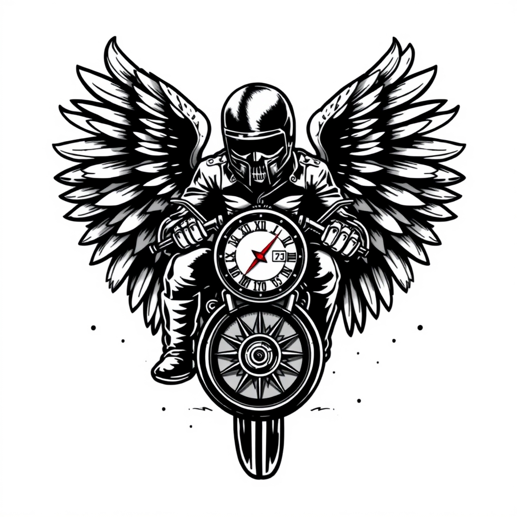A tattoo design of bateman, 1974, badge, timepiece, motorcycle wheel, angel wings in the style of realistic. - symbolic imagery tattoo design generated by AI tattoo generator