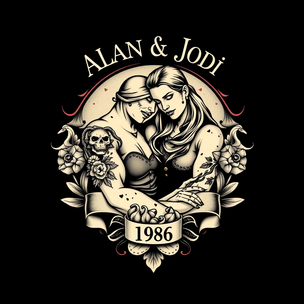 A tattoo design of Alan & Jodi established 1996 in the style of realistic. - anniversary date tattoo design generated by AI tattoo generator