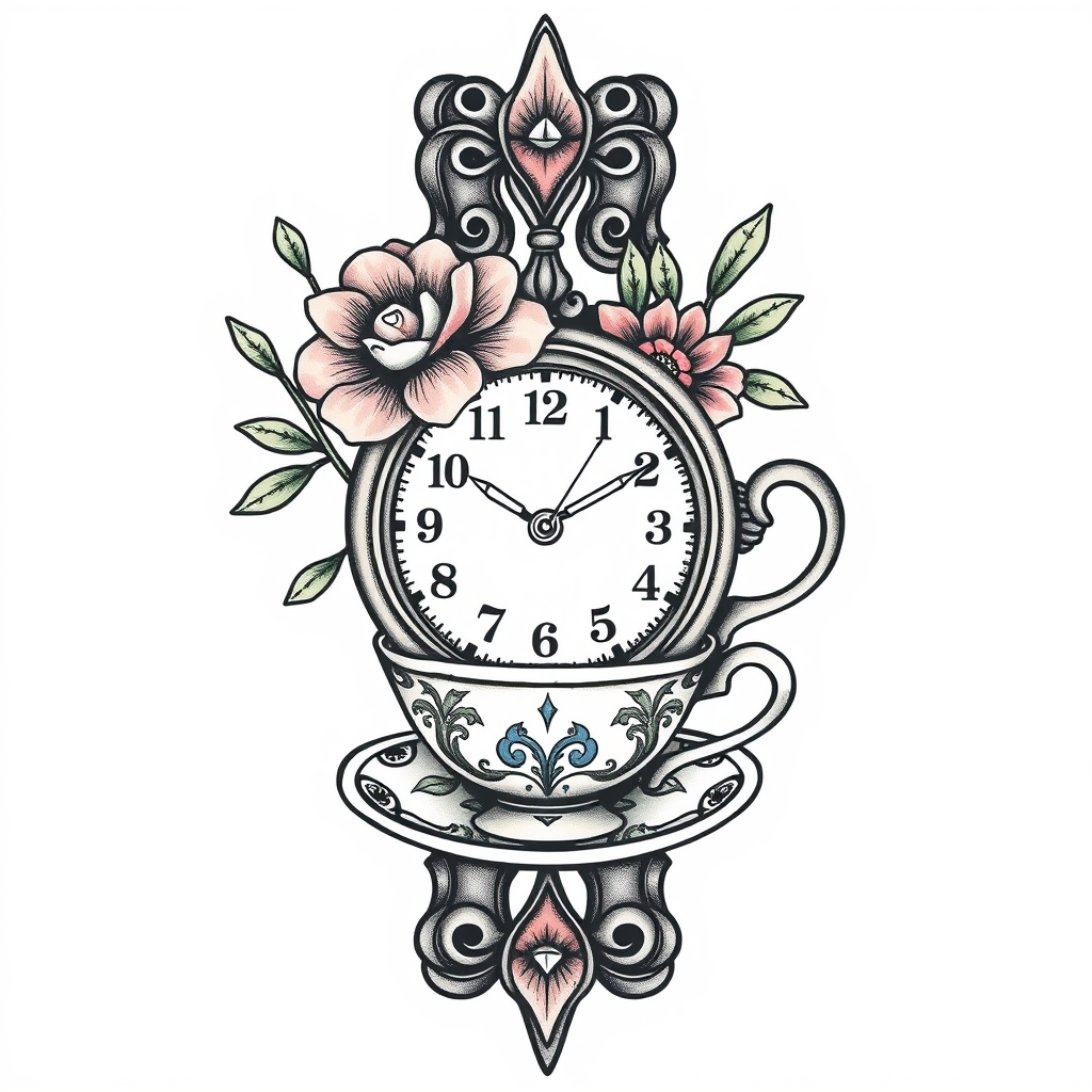 A tattoo design of Alice in wonderland floral tea cups watch in the style of traditional. - alice in wonderland tattoo design generated by AI tattoo generator