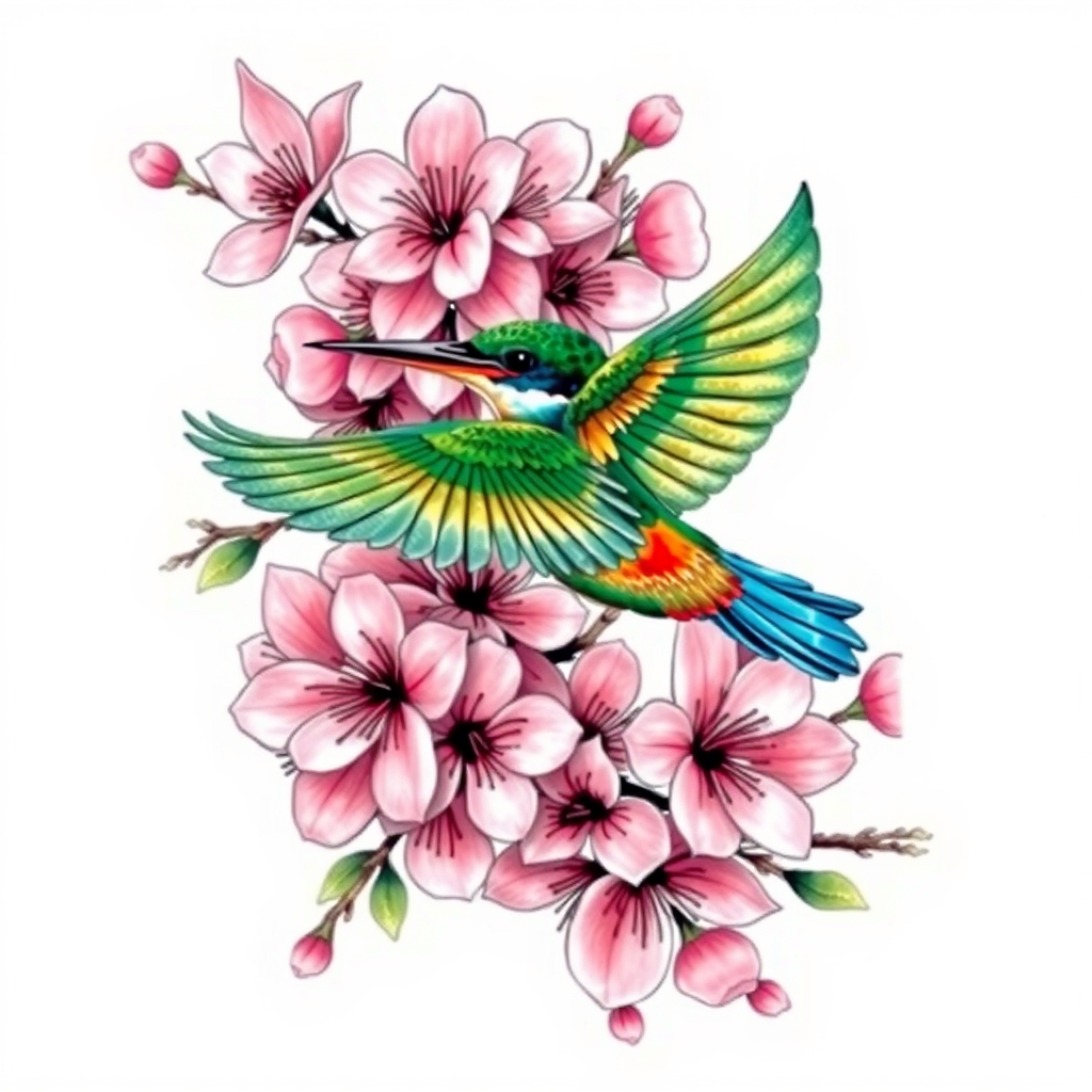 A tattoo design of Bunches of pink cherry blossoms with green and blue kingfisher in flight in the style of surrealistic. - nature landscape tattoo design generated by AI tattoo generator