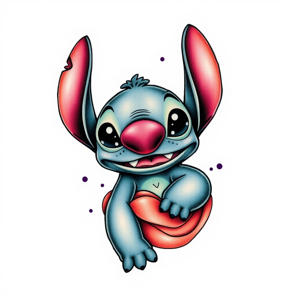 A tattoo design of Stitch con palloncino a forma di topolino in the style of realistic. - disney character tattoo design generated by AI tattoo generator