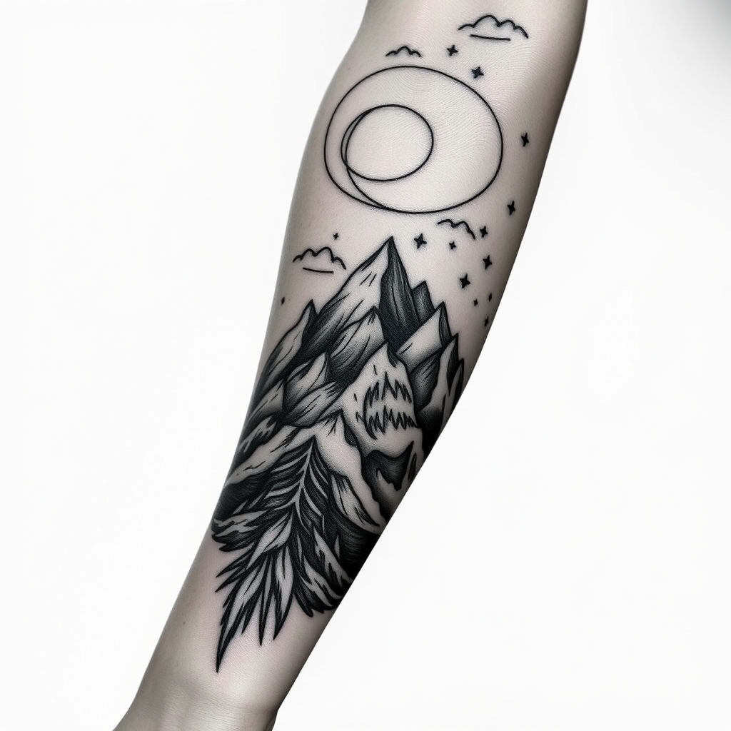A tattoo design of Long Masculine peruvian tattoo for a forearm with mountains in the style of blackwork. - mountains tattoo design generated by AI tattoo generator