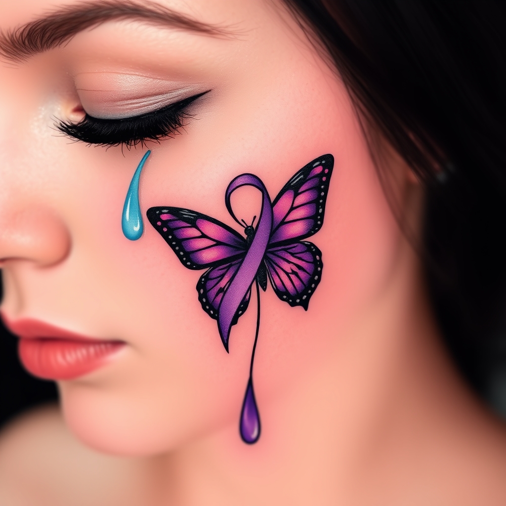 A tattoo design of A tear running down a woman's face with a domestic violence ribbon and a purple butterfly entwined together in the style of minimalist. - domestic violence awareness tattoo design generated by AI tattoo generator