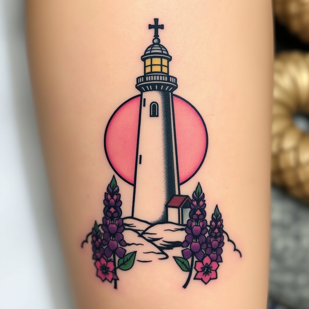 A tattoo design of Chapel with a lighthouse beside it with a pink moon an purple lupines in the style of traditional. - landmark scene tattoo design generated by AI tattoo generator