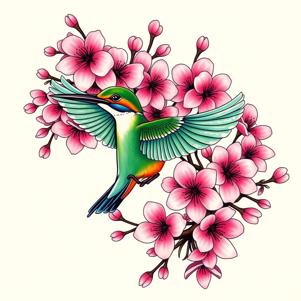 A tattoo design of Bunches of pink cherry blossoms with green and blue kingfisher in flight in the style of traditional. - nature tattoo design generated by AI tattoo generator