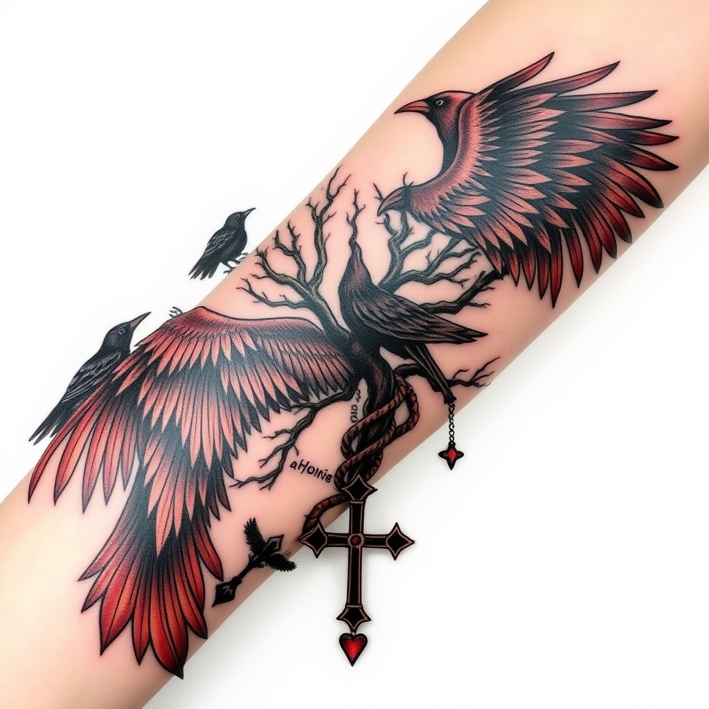 A tattoo design of feminine, odins ravens, wyrd, yggdrasil, vegvisin, valknut, troll cross and bear, add a little red Down my arm onto my wrist in the style of abstract. - norse mythology symbols tattoo design generated by AI tattoo generator