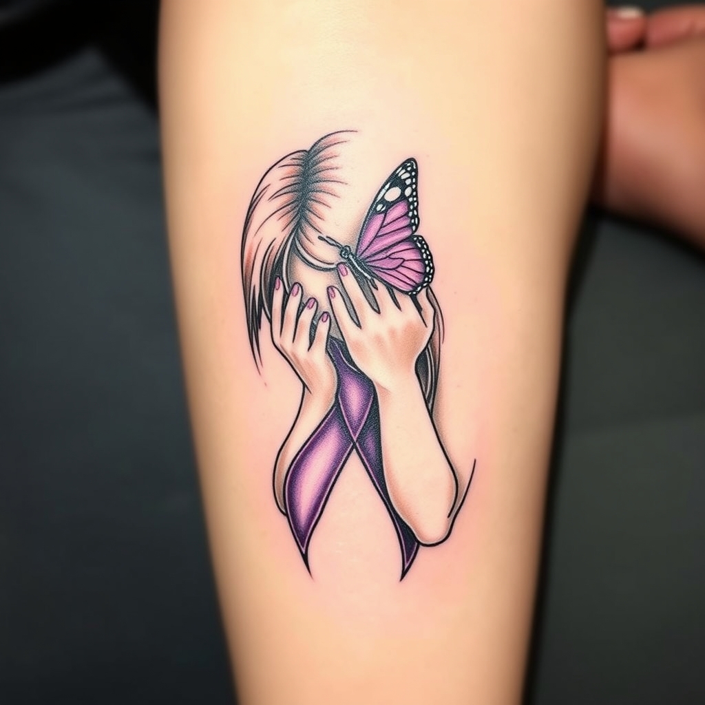 A tattoo design of Domestic violence ribbon awareness inclined together with a purple butterfly as a women hunched over her hands overing her face in the style of tribal. - domestic violence awareness tattoo design generated by AI tattoo generator