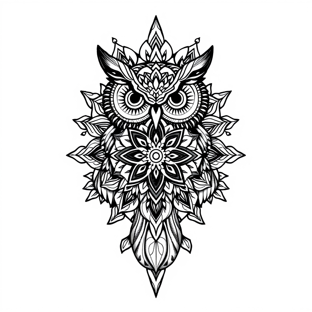 A tattoo design of Mandala owl cover up in the style of blackwork. - cover up tattoo design generated by AI tattoo generator