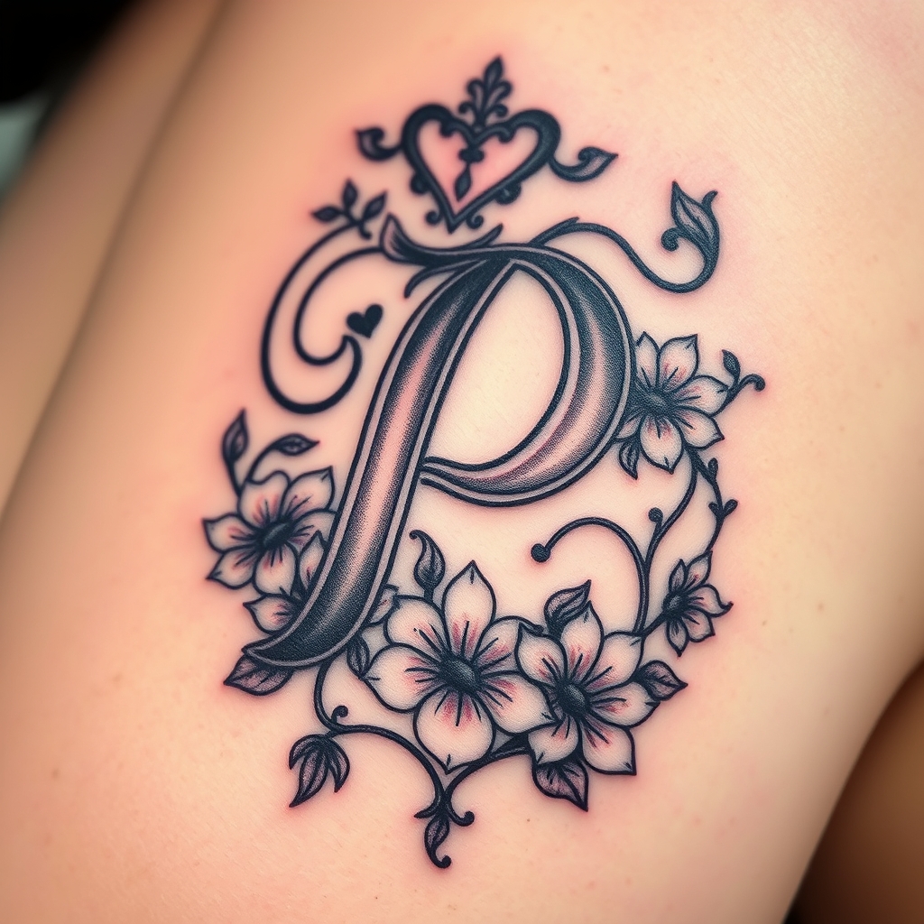 A tattoo design of Create a beautiful memory tattoo using p letter in the style of surrealistic. - initials tattoo design generated by AI tattoo generator