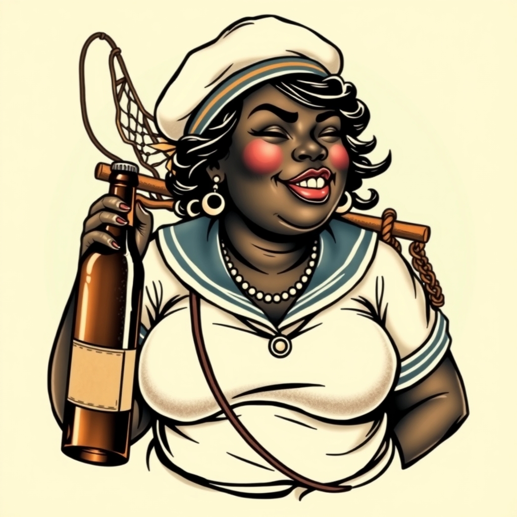A tattoo design of An obese dark black woman winking in a sailor outfit with a beer bottle hauling a net sailor jerry style in the style of traditional. - sailor pin up tattoo design generated by AI tattoo generator