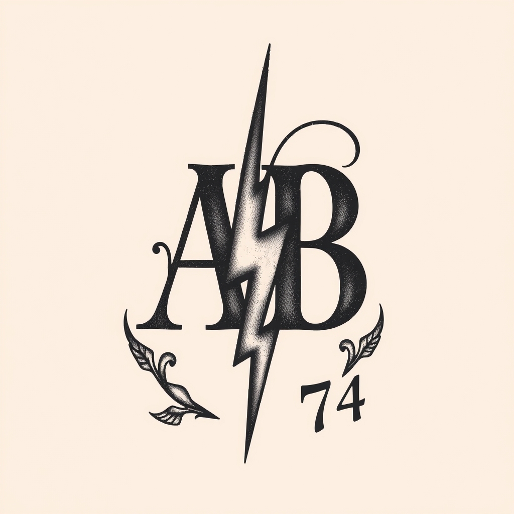 A tattoo design of Initials AB, year 74, lightning bolt in the style of realistic. - symbols tattoo design generated by AI tattoo generator