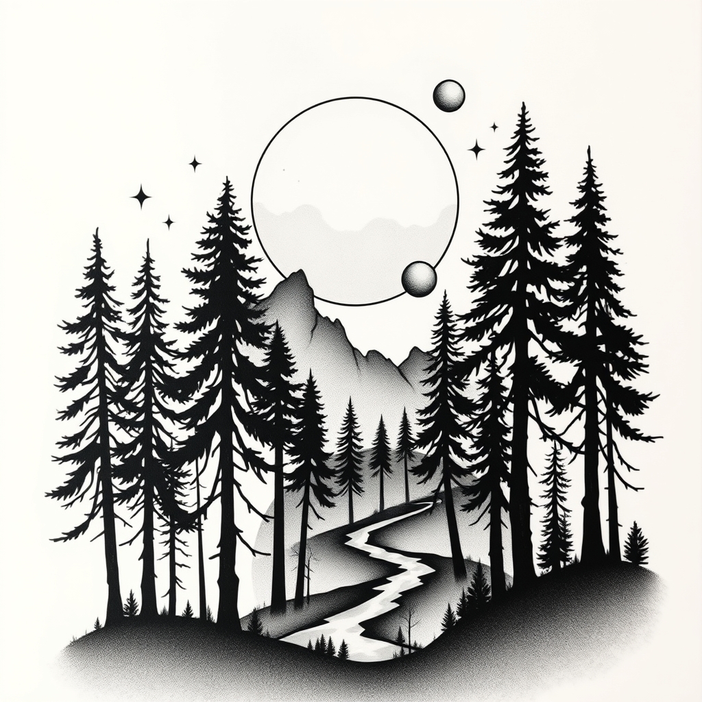 A tattoo design of Scary Forest and planets in the style of minimalist. - space fantasy tattoo design generated by AI tattoo generator