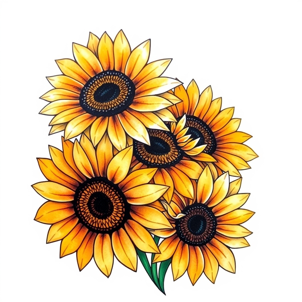 A tattoo design of Four sunflowers in the style of watercolor. - flowers tattoo design generated by AI tattoo generator