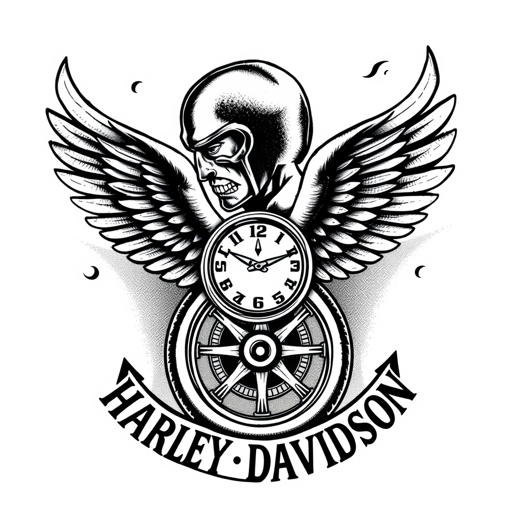 A tattoo design of bateman, 1974, badge, timepiece, winged wheel, harley davidson in the style of realistic. - motorcycle culture tattoo design generated by AI tattoo generator