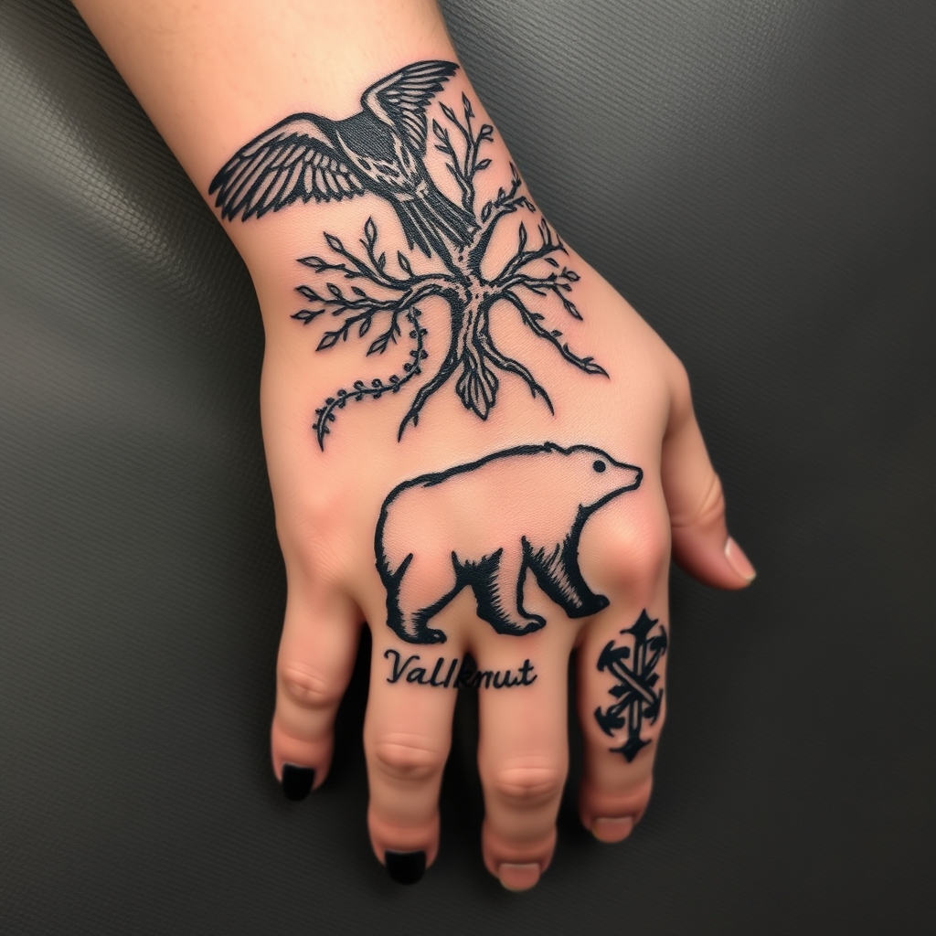 A tattoo design of feminine, odins ravens, wyrd, yggdrasil, vegvisin, valknut, troll cross and bear. my elbow curving down my forearm onto my fingers in the style of tribal. - norse mythology symbols tattoo design generated by AI tattoo generator
