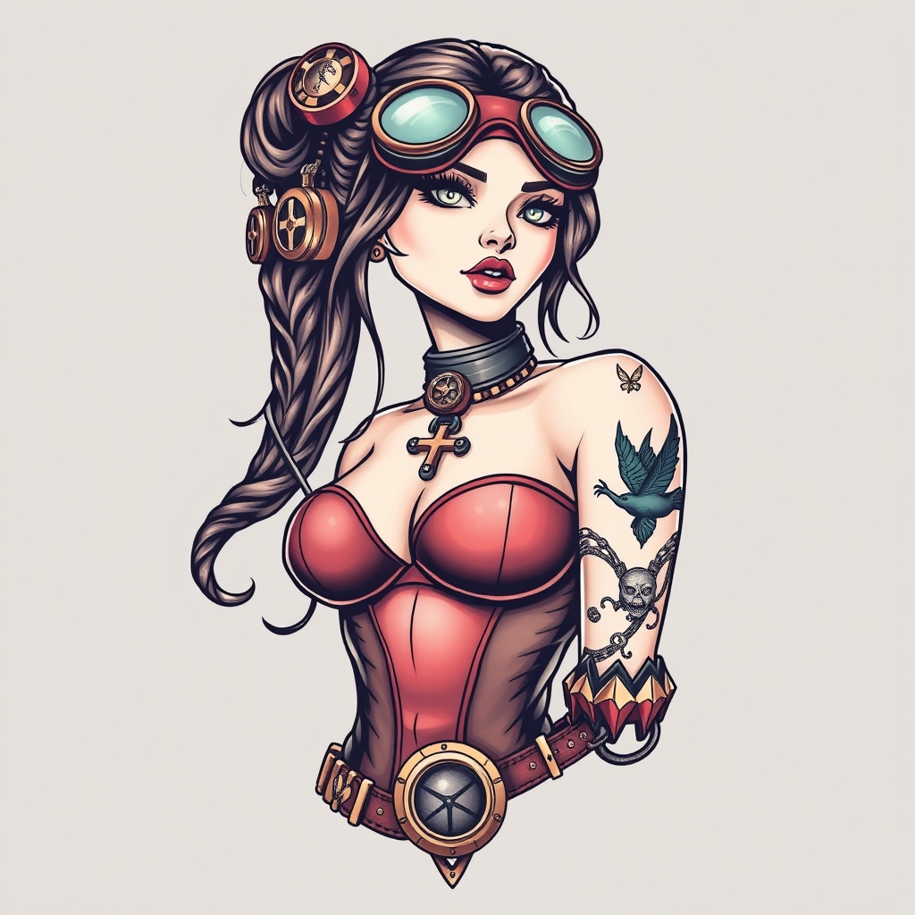 A tattoo design of Steampunk superhero girl who is quirqy in the style of realistic. - steampunk tattoo design generated by AI tattoo generator