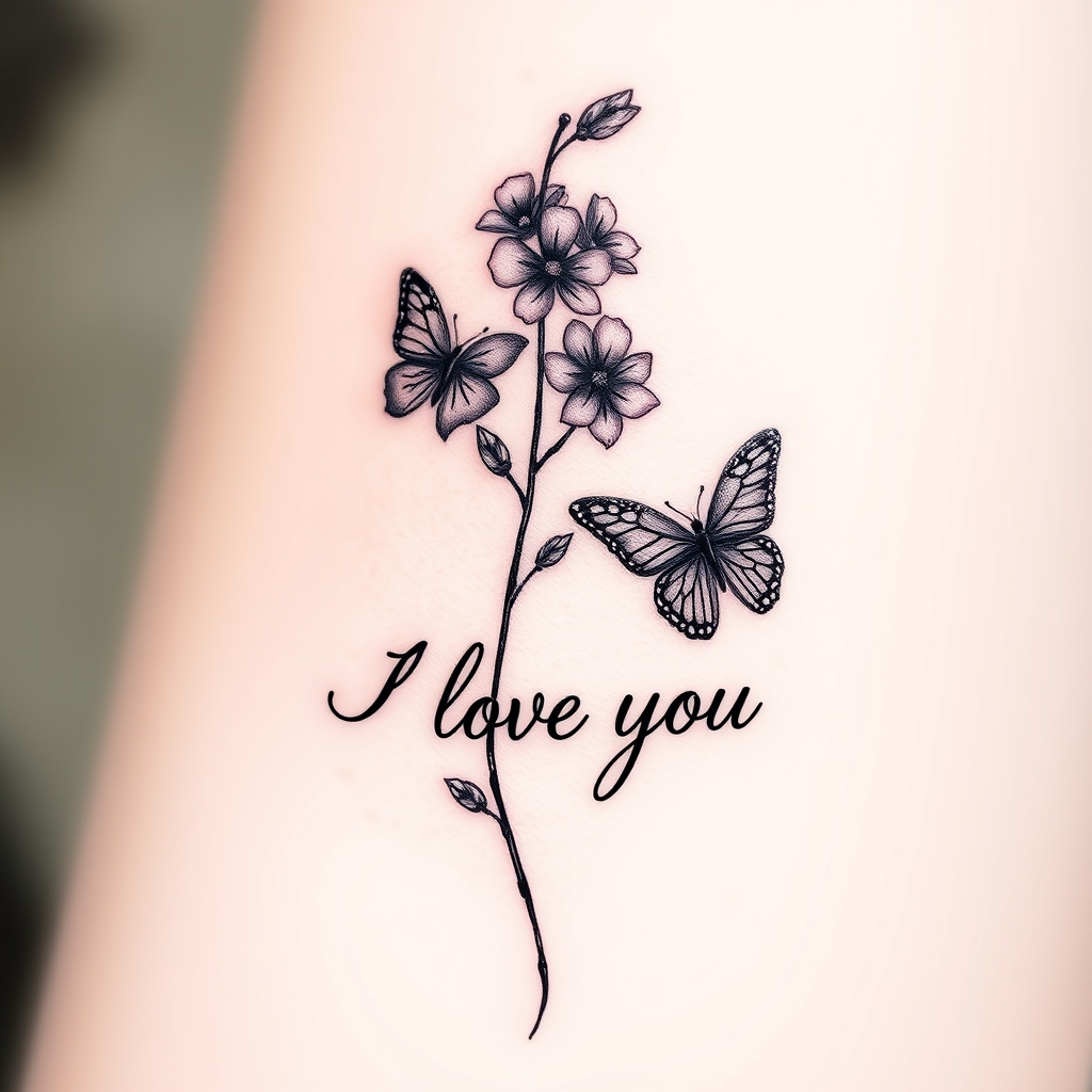A tattoo design of Larkspur with very little butterflies with I love you in cursive in the style of realistic. - flowers and butterflies tattoo design generated by AI tattoo generator