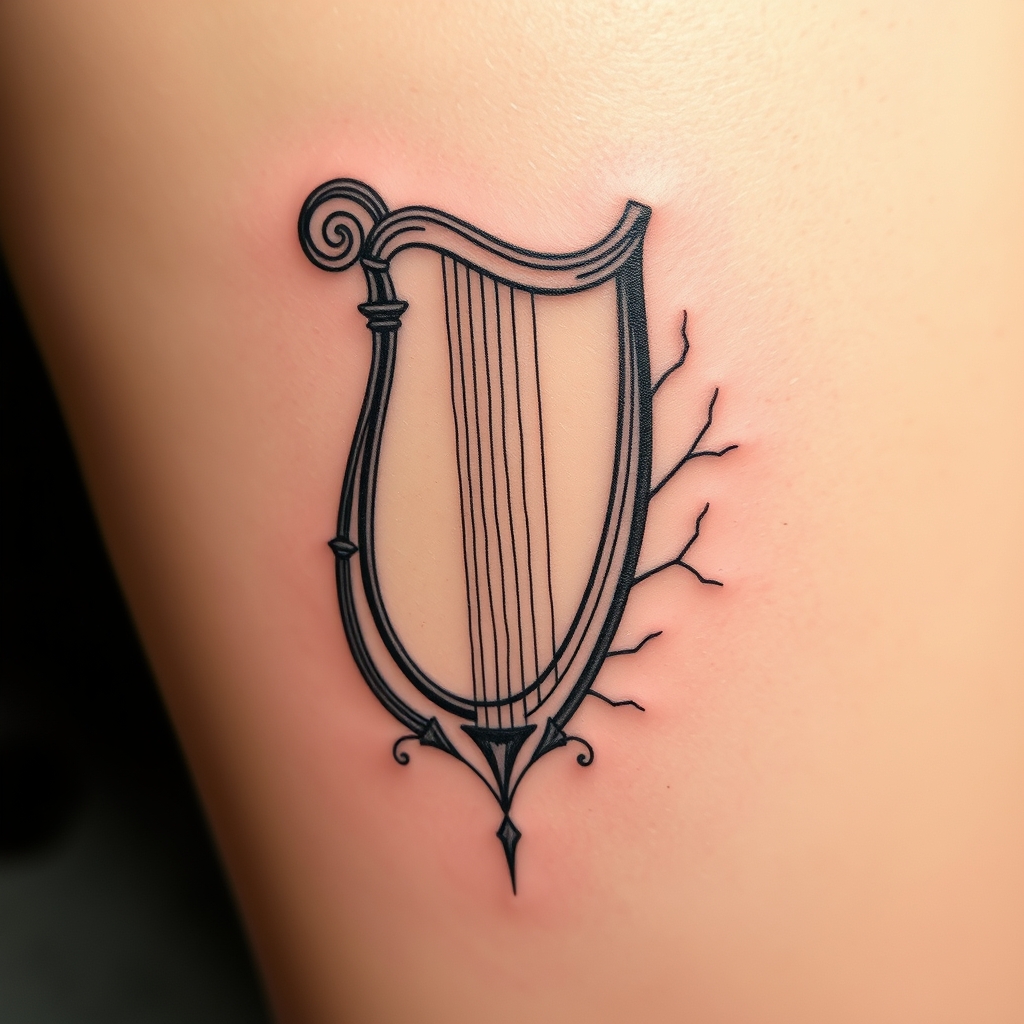 A tattoo design of A minimalist Lyre with deep philosophical meanings in the style of Jean-Honoré Fragonard in the style of abstract. - musical instrument tattoo design generated by AI tattoo generator