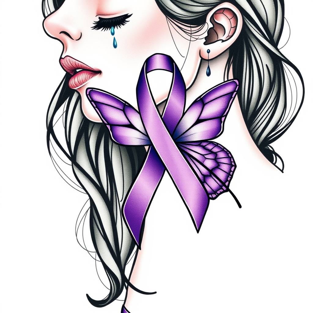 A tattoo design of A woman crying with the domestic awareness ribbon with a purple butterfly entwined together in the style of geometric. - awareness ribbon tattoo design generated by AI tattoo generator