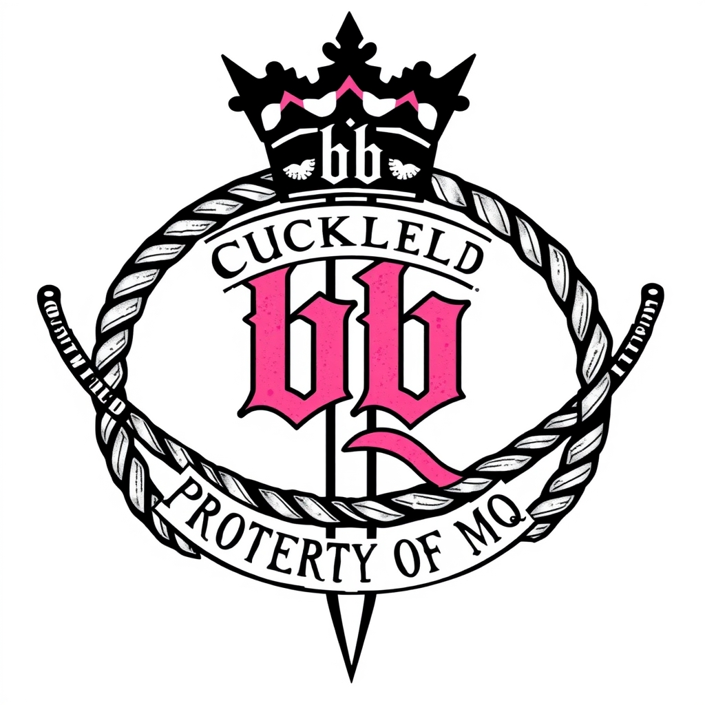 A tattoo design of Cuckold symbol.  Black and pink are the colors. Name is bb.  Says PROPERTY OF MQ.  A whip is shown.   in the style of traditional. - bondage and submission tattoo design generated by AI tattoo generator