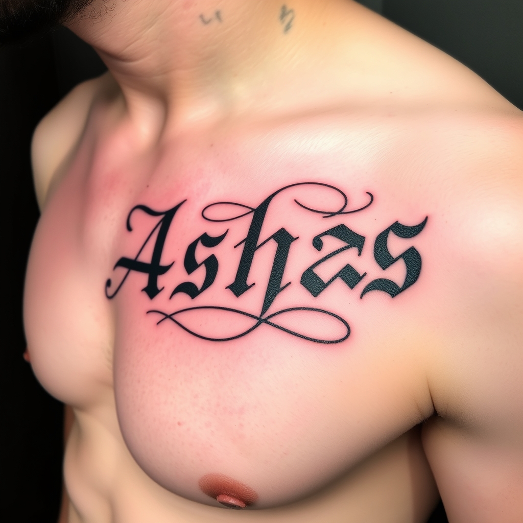 A tattoo design of Words "Ashes 222 Ashes" on left pectoralis in the style of blackwork. - words and numbers tattoo design generated by AI tattoo generator