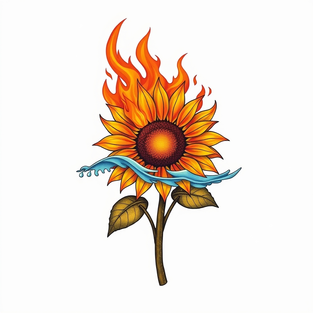 A tattoo design of Burning sunflower in ocean in the style of realistic. - nature tattoo design generated by AI tattoo generator