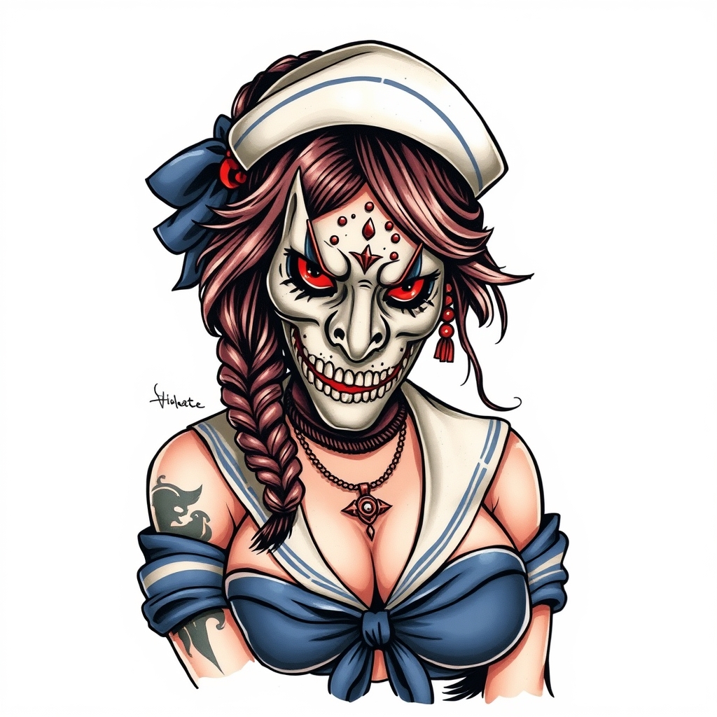 A tattoo design of Oni mask on a busty sailor Jerry girl in the style of realistic. - sailor jerry style tattoo design generated by AI tattoo generator
