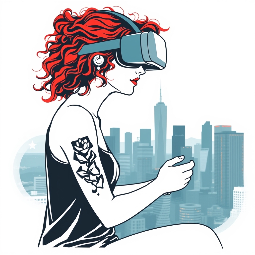 A tattoo design of Redhead girl with curly hair playing vr with s Houston Texas skyline in the background in the style of minimalist. - video games cityscape tattoo design generated by AI tattoo generator