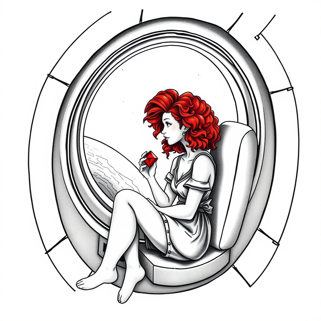 A tattoo design of Black and grey style. Curious redhead woman in romper with curly hair sitting in a small space capsule alone. Floating through space with nothing to keep her company but a shining red ruby which she holds close by the porthole window. They are both sitting by the window peering out on an unknown planet. in the style of realistic. - space travel tattoo design generated by AI tattoo generator