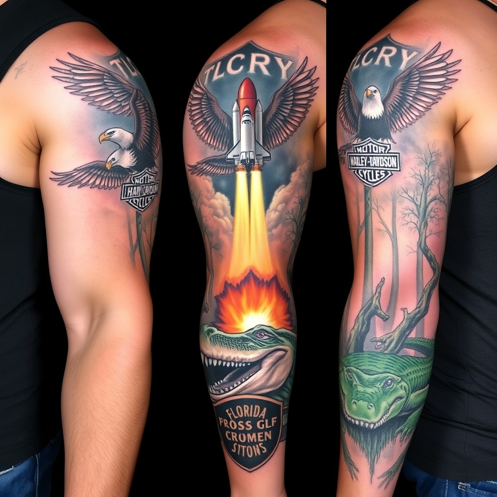 A tattoo design of Right arm full sleeve with the upper containing Harley Davidson theme with eagles mixed with the lower of Florida cypress swamp theme with alligator and space shuttle launch in the background in the style of realistic. - motorcycles wildlife space tattoo design generated by AI tattoo generator