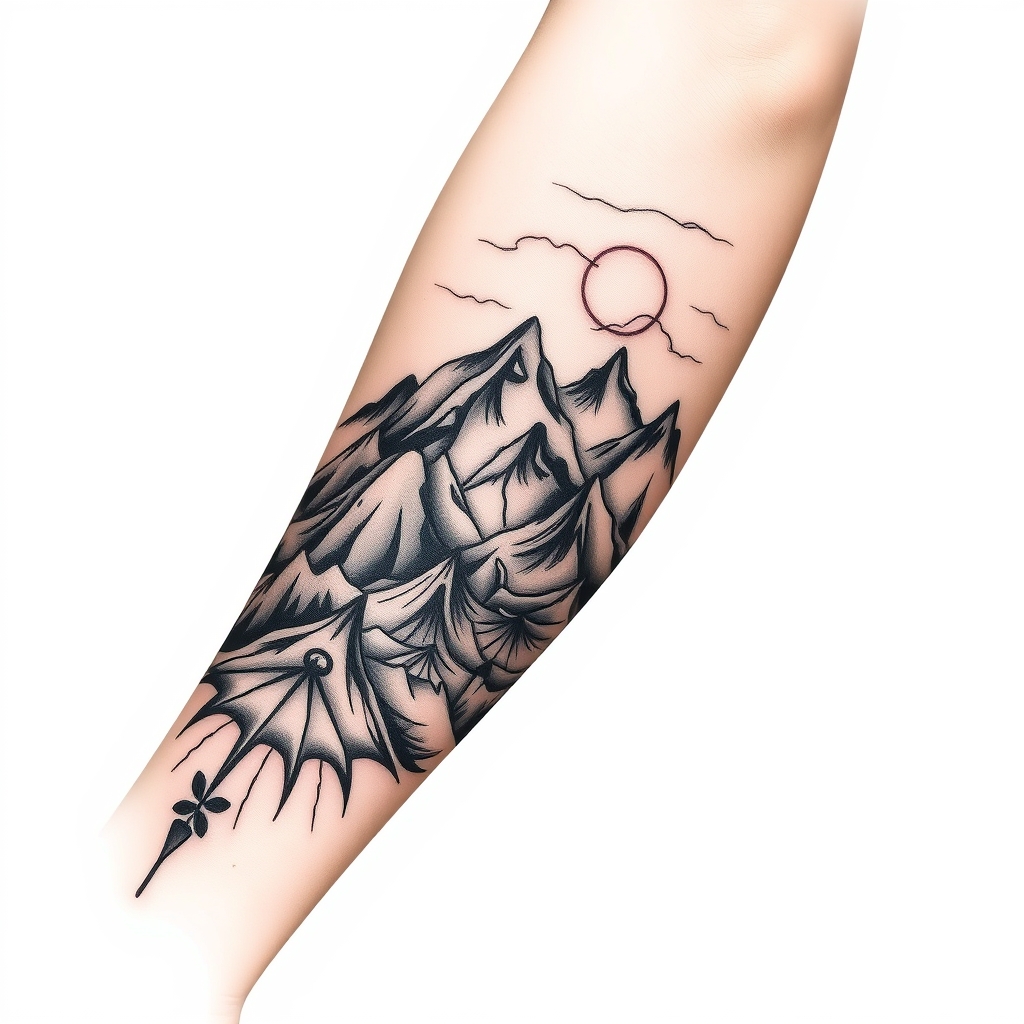 A tattoo design of Long Masculine peruvian tattoo for a forearm with mountains in the style of realistic. - landscapes tattoo design generated by AI tattoo generator