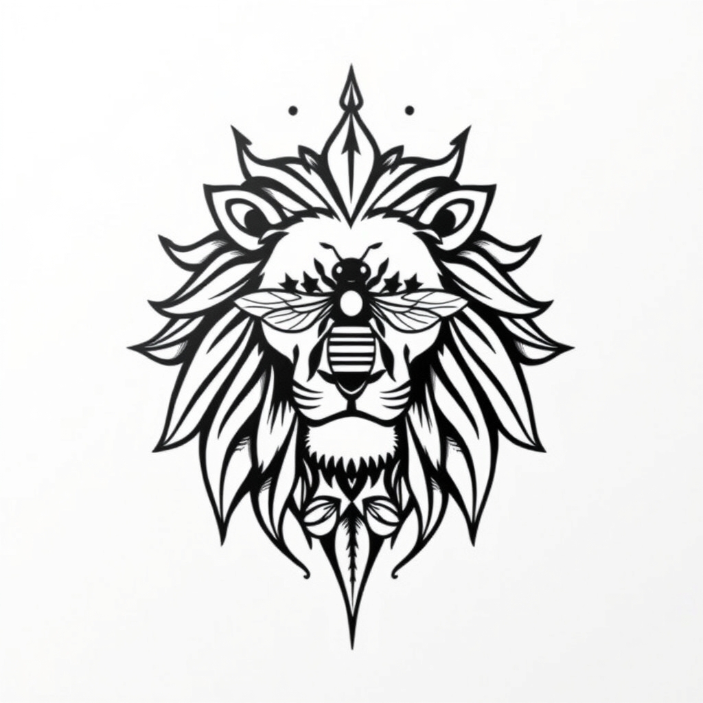 A tattoo design of Lion, bee, moon, lotus in the style of minimalist. - animals and nature tattoo design generated by AI tattoo generator