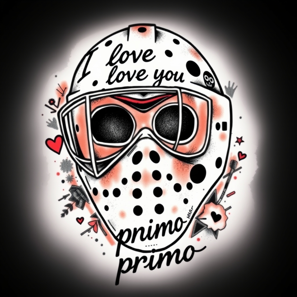 A tattoo design of Bernie parent philadelphia flyers goalie mask with the phrase " I love you" " never give up " and the name " primo " in the style of surrealistic. - sports memorabilia tattoo design generated by AI tattoo generator