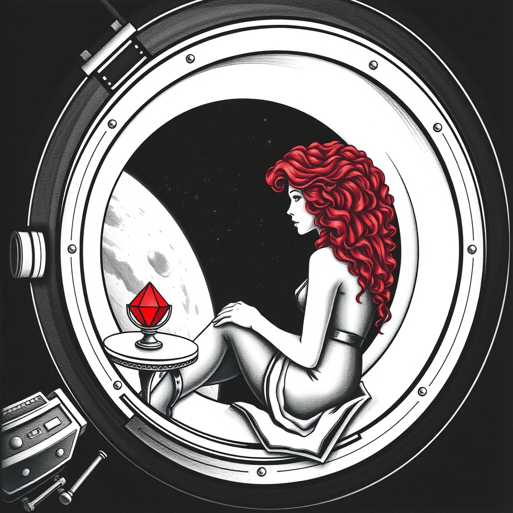 A tattoo design of Black and grey style. Redhead woman with curly hair sitting in a small space capsule alone. Floating through space with nothing to keep her company but a thing red ruby which she keeps on the small table by the porthole window. They are both sitting by the window peering out on an unknown planet. in the style of surrealistic. - space travel tattoo design generated by AI tattoo generator