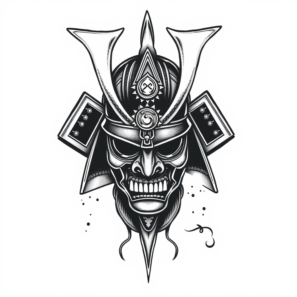 A tattoo design of Samurai helmet in the style of japanese. - japanese warrior helmet tattoo design generated by AI tattoo generator