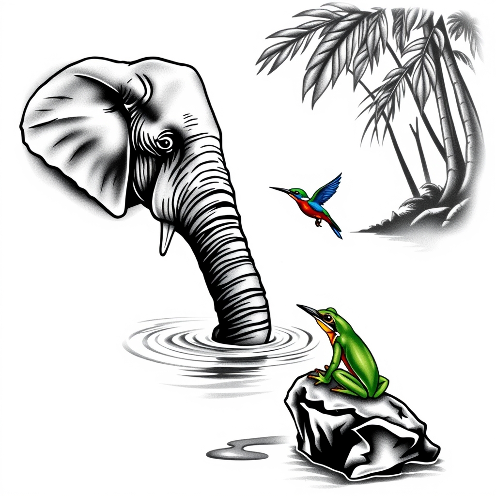 A tattoo design of Body of water in the rainforest, with an elephant trunk coming from out of view to reach into the water to drink. A kingfhisher hovers next to the elephants trunk. On the edge of the water sitting on a rock, a green tree frog. The tattoo should be black and grey, with the only colour being the kingfisher, frog, and elephants trunk in the style of realistic. - wildlife scene tattoo design generated by AI tattoo generator