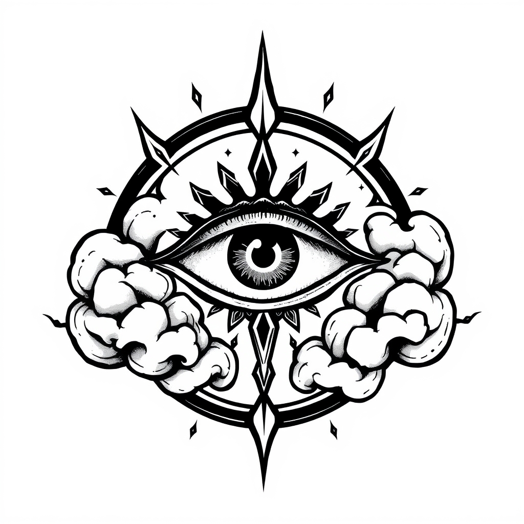 A tattoo design of Evil Eye with clouds in the style of blackwork. - evil eye tattoo design generated by AI tattoo generator