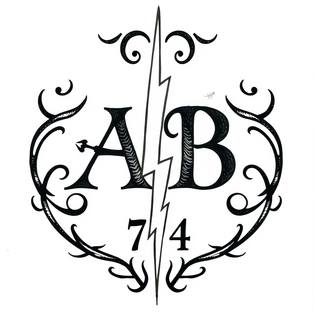 A tattoo design of Initials AB, year 74, lightning bolt in the style of tribal. - symbol tattoo design generated by AI tattoo generator