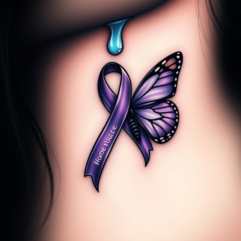 A tattoo design of A tear running down a woman's face with a domestic violence ribbon and a purple butterfly entwined together in the style of realistic. - domestic violence awareness tattoo design generated by AI tattoo generator