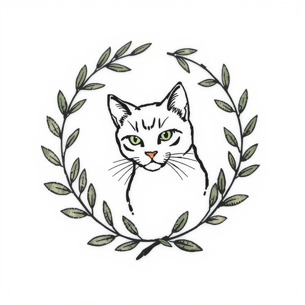 A tattoo design of Olive leaves wreath with a cat in the style of minimalist. - flora and fauna tattoo design generated by AI tattoo generator