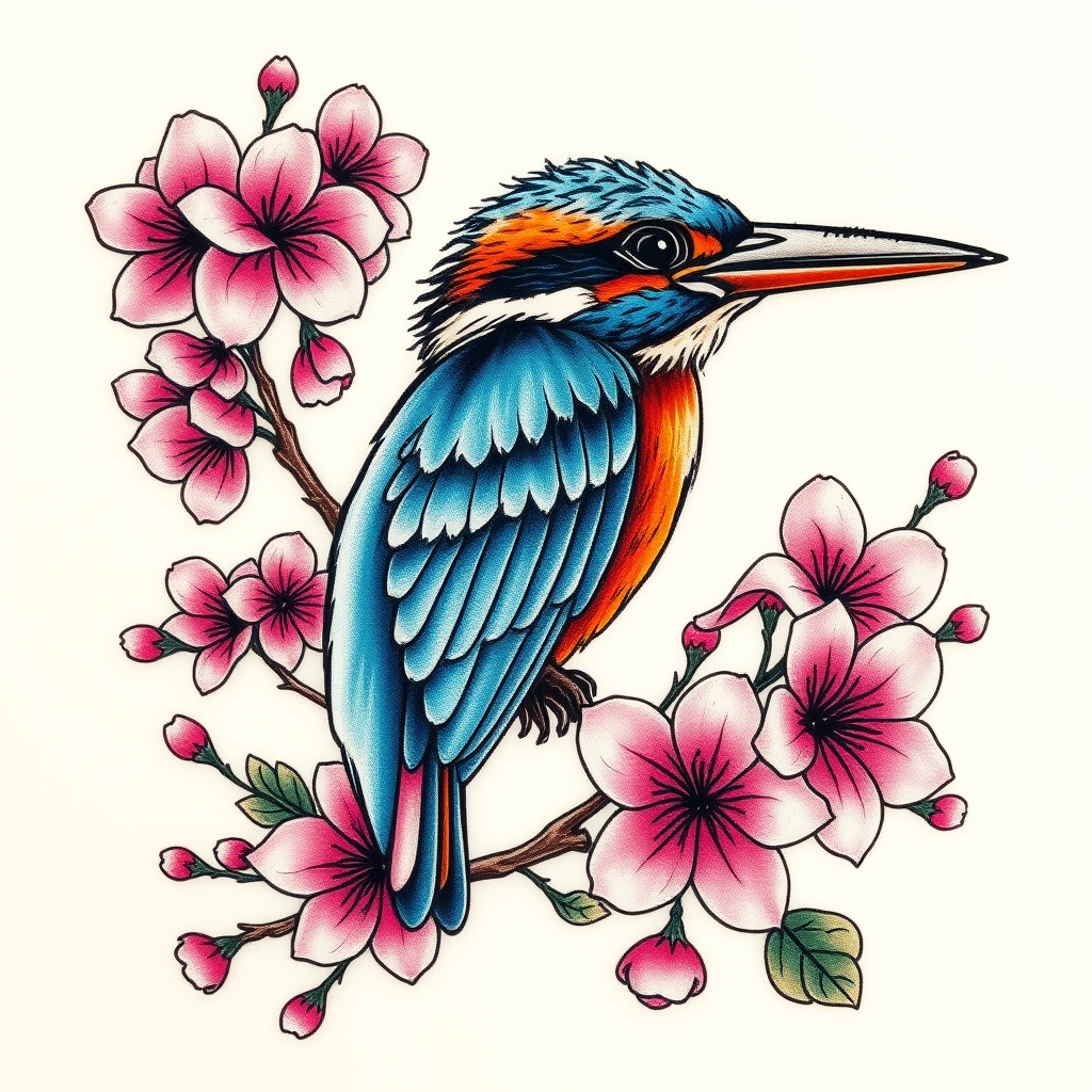 A tattoo design of Flying blue and orange kingfisher suroounded by large quantity of pink cherry blossoms in the style of tribal. - birds and flowers tattoo design generated by AI tattoo generator