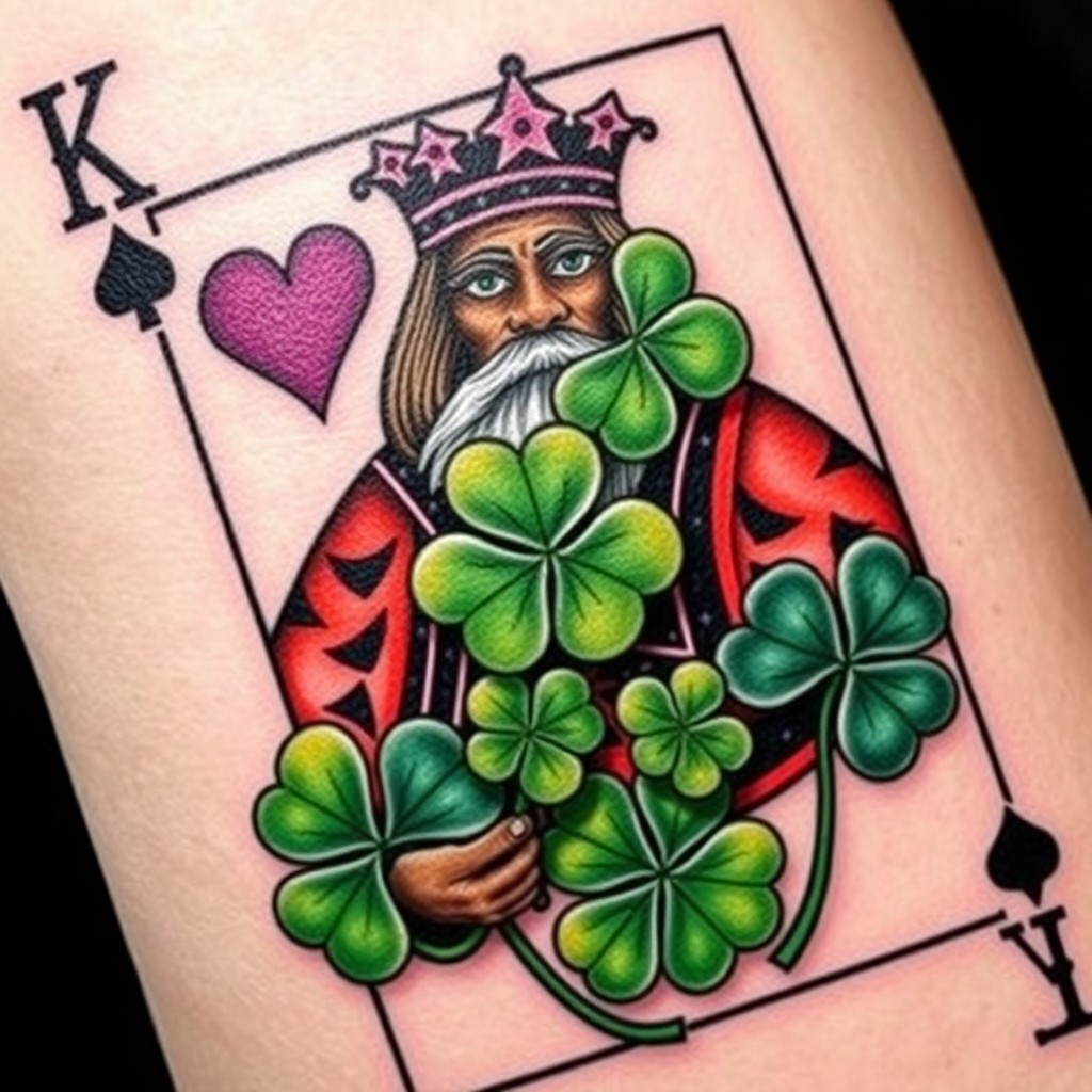 A tattoo design of I would like a 3 dimensional photo realistic playing card, an African American king of 4 leaf clovers, with black, green, and purple ink, maybe some white ink for highlighting. NO red ink. in the style of realistic. - playing card tattoo design generated by AI tattoo generator