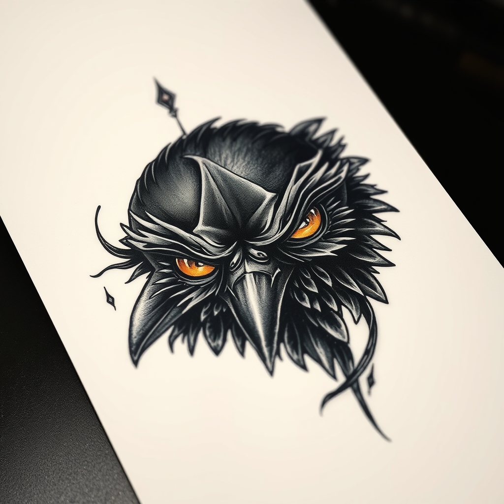 A tattoo design of Eyes and black raven in the style of traditional. - birds tattoo design generated by AI tattoo generator