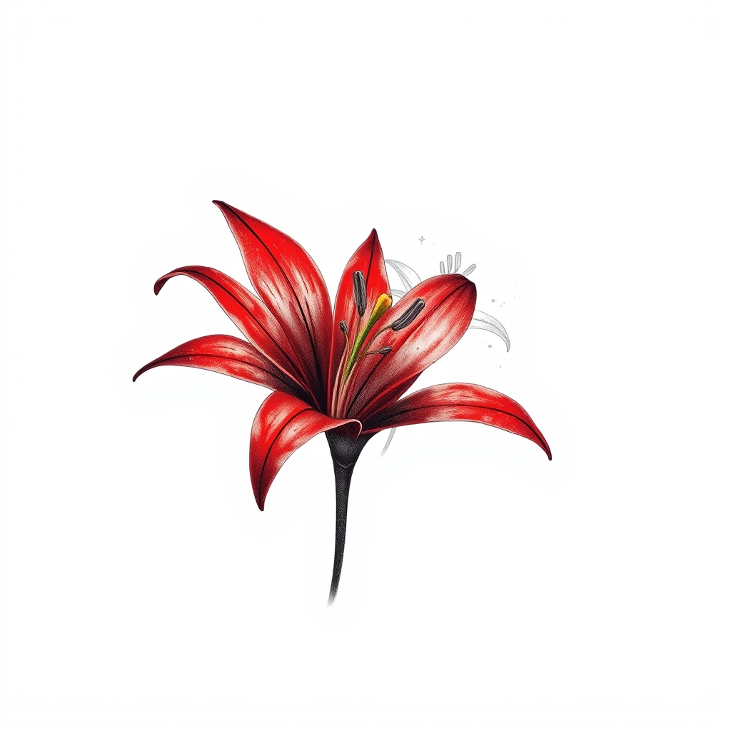A tattoo design of Imagine uma única flor de Spider Lily (Lycoris radiata) brotando com elegância de um caule fino e naturalista, sem folhas. A flor principal é feita com tinta vermelha vibrante, com pétalas finamente enroladas e filamentos longos e arqueados, todos com texturas e detalhes que remetem ao realismo botânico. Sobreposição em branco: Logo atrás da flor vermelha, um segundo Spider Lily aparece, feito em tinta branca translúcida, ligeiramente deslocado para a direita. Essa versão branca se comporta como uma aura fantasmagórica ou eco espiritual — como se a alma da flor estivesse se desprendendo suavemente do corpo físico. O contraste entre o vermelho intenso e o branco etéreo cria um efeito de diplopia 3D ou “visão dupla”, com um toque poético e sutil. in the style of japanese. - flowers tattoo design generated by AI tattoo generator
