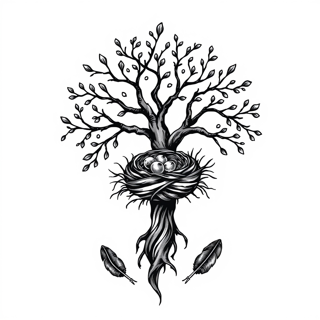 A tattoo design of Family tree with nest and two feathers leaving the nest in the style of traditional. - family tree tattoo design generated by AI tattoo generator